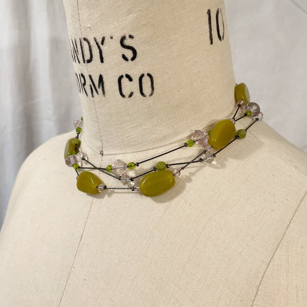 Triple Strand Choker Necklace with Green, Purple and Colorless Beads